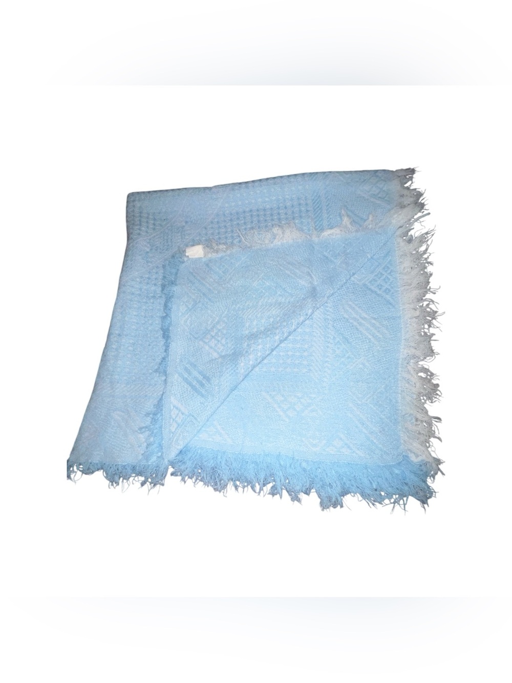 Vintage Light Blue Woven Acrylic Baby Blanket Fringe 36x36